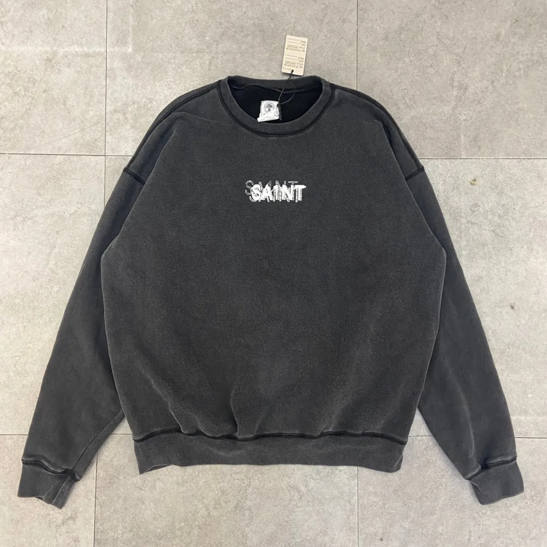 New 🆕SAINT OF MICHAEL new CREW SWEAT MX American retro round neck pullover loose velvet distressed washed long-sleeved sweatshirt Fabric: 420g Style number: SM606 Size: S-M-L-XL Color: Black Price: P198